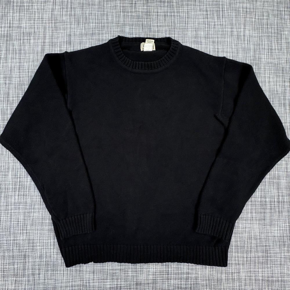 LL Bean Mens Large Black Cotton Crewneck Sweater Long Sleeve Knit Ribbed Trim